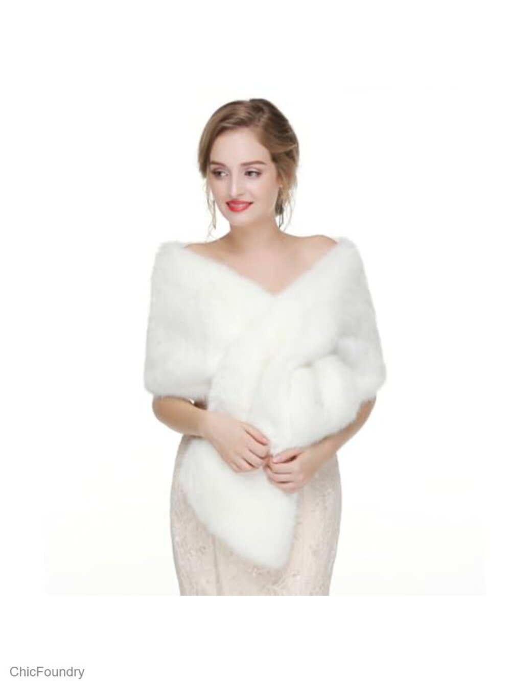 Faux Fur Shawl Wrap with Satin Lining and Ribbon Closure